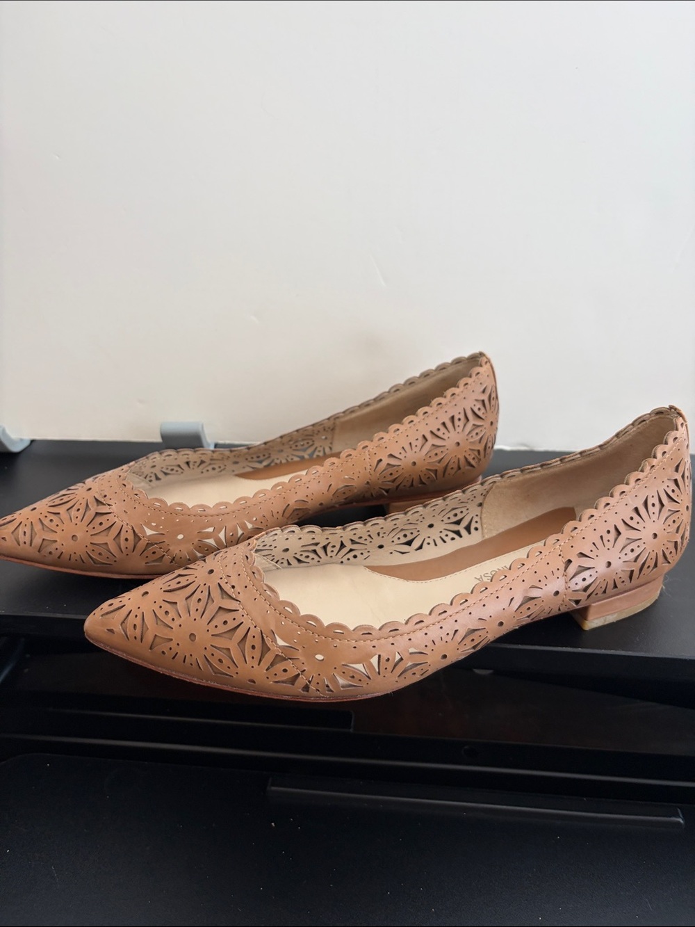 Vaneli Tan Laser-Cut Pointed Toe Flats with Scalloped Trim